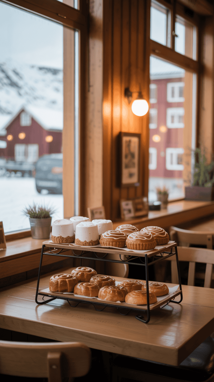 Cozy café in Longyearbyen with pastries and warm winter lighting.