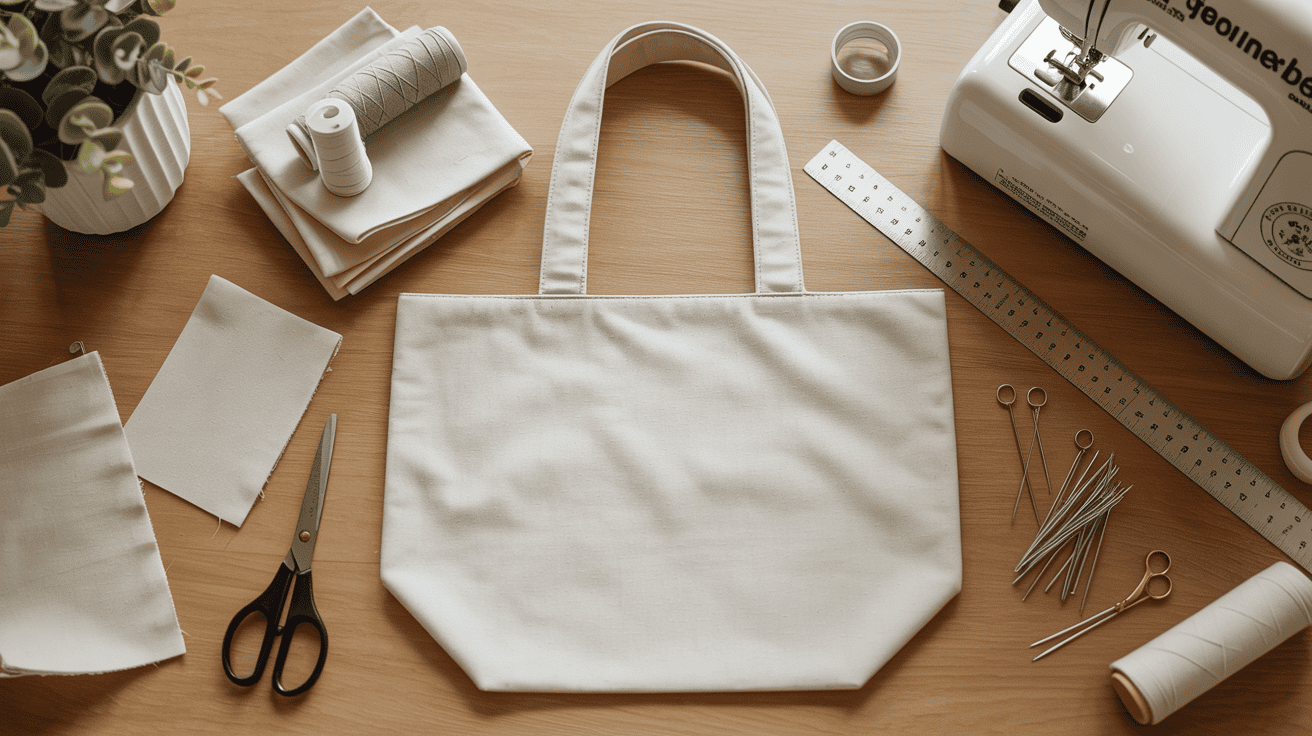 Horizontal sewing table layout showing simple tote bag fabric pieces, handles, scissors, pins, and a ruler, warm beige tones, soft natural lighting, inviting beginner sewing setup.