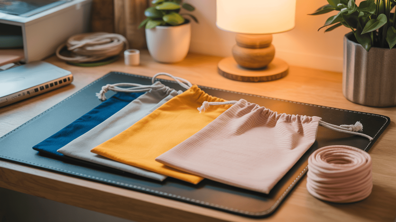 Cut fabric and cord arranged for a beginner drawstring bag sewing pattern.