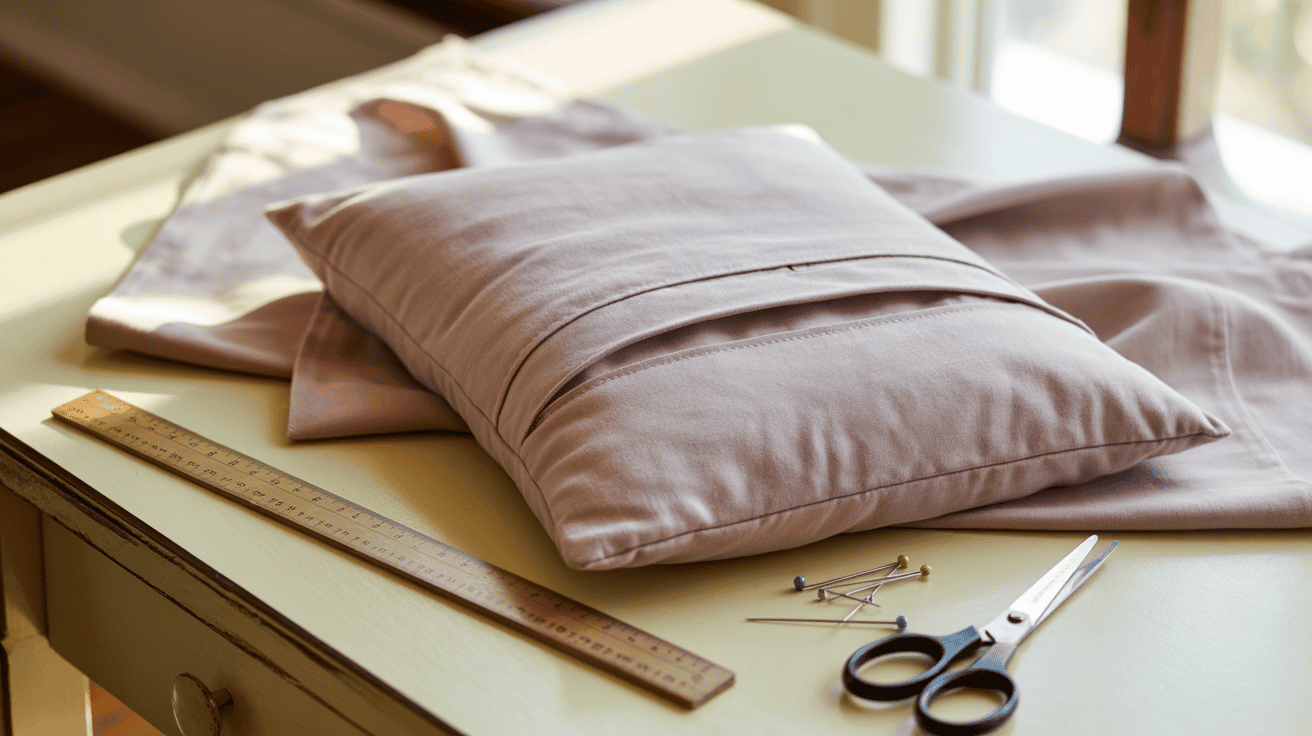 Envelope pillow cover fabric pieces and sewing tools arranged neatly on a sewing table.