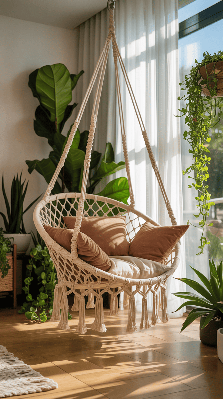 A hammock chair hanging in a bright living room surrounded by plants.