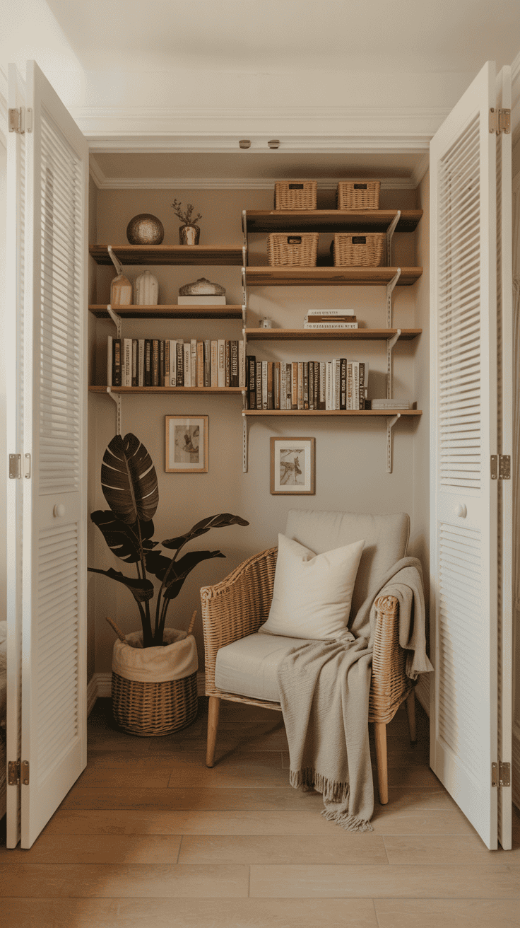 Cozy reading nook in a closet with a chair and bookshelves.