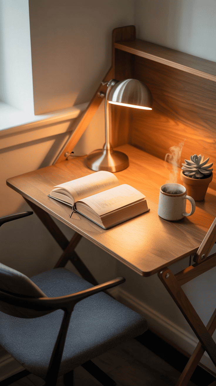 A foldable desk with a reading light, a chair, a plant, an open book, and a cup.