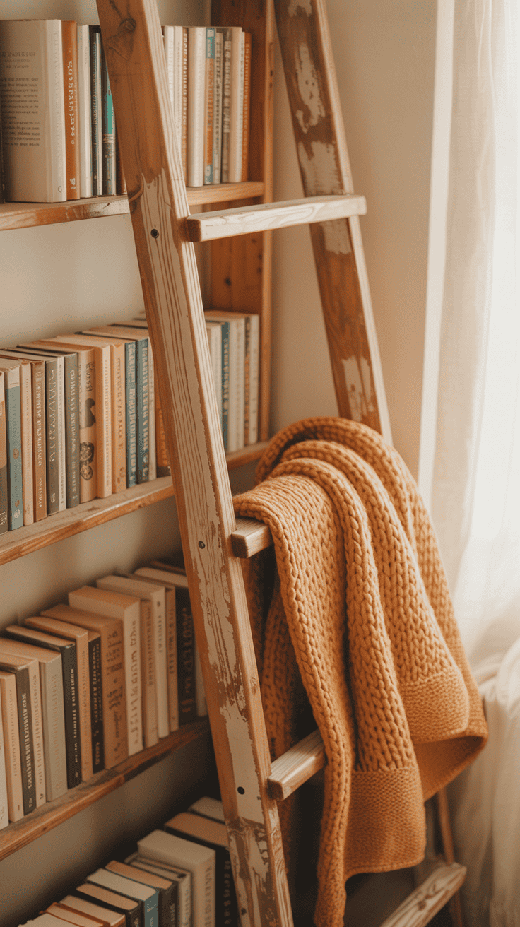 A wooden ladder shelf filled with books and a cozy blanket draped over it.