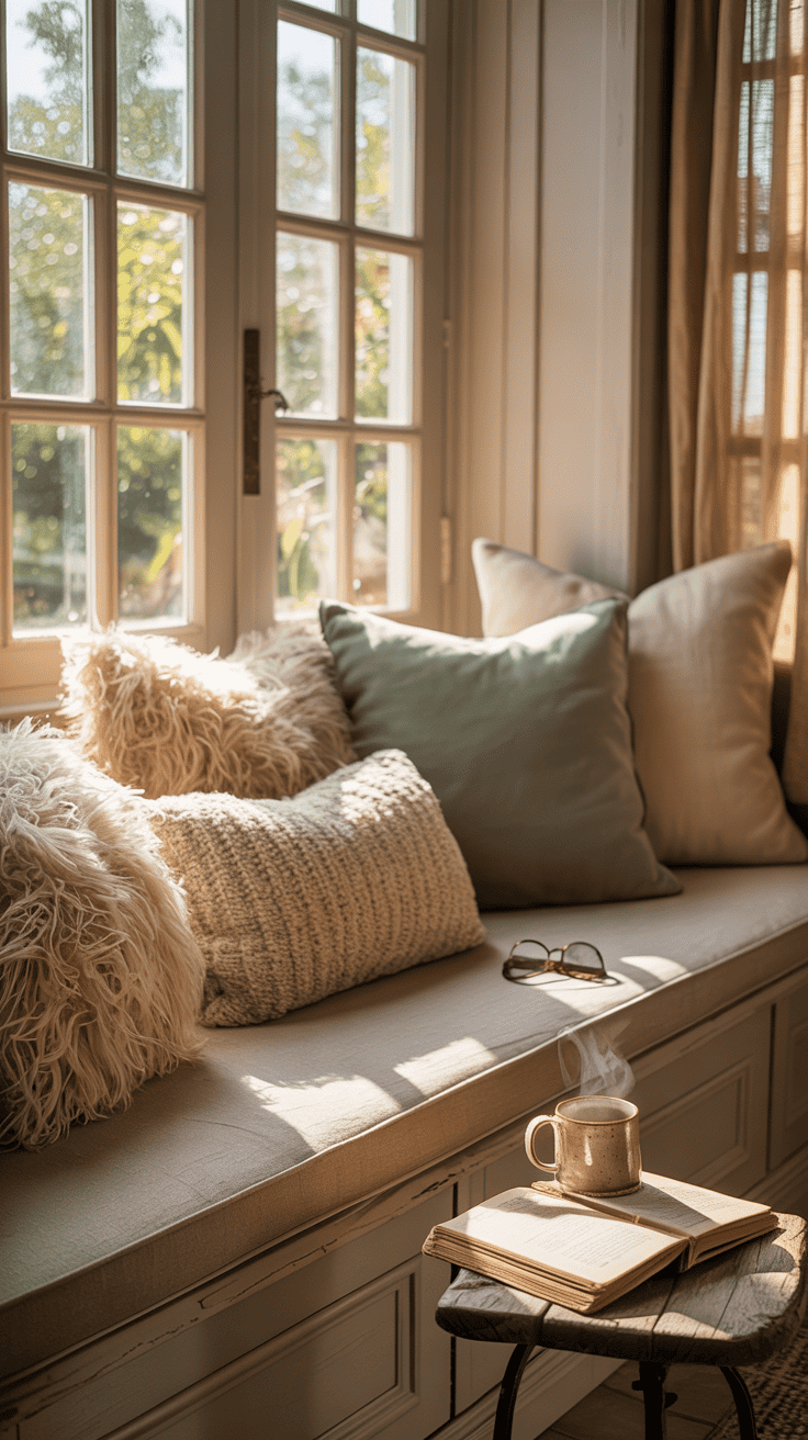 Cozy window seat with soft pillows and a book on a small table
