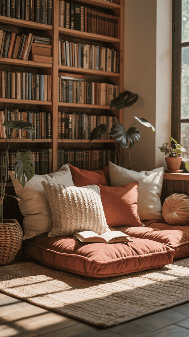 Cozy reading nook with floor cushions and bookshelves.