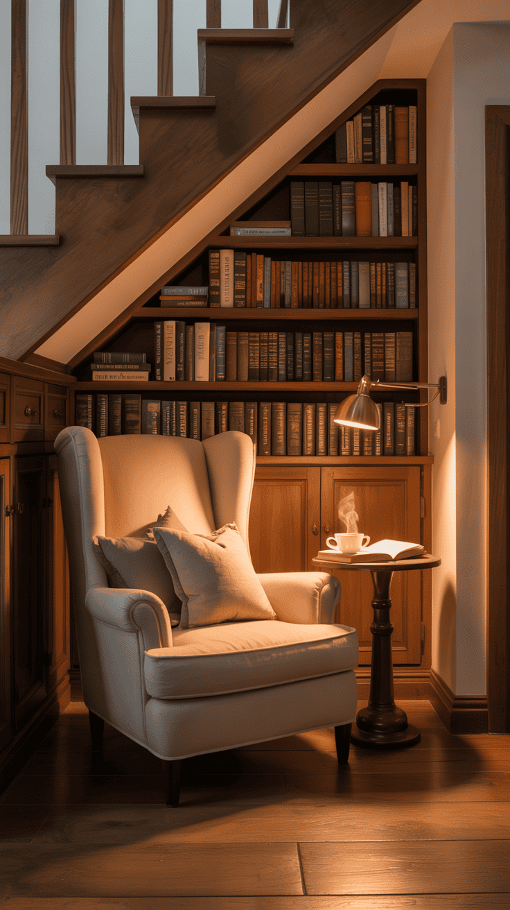 Cozy reading nook under the stairs with a chair, side table, and bookshelf.
