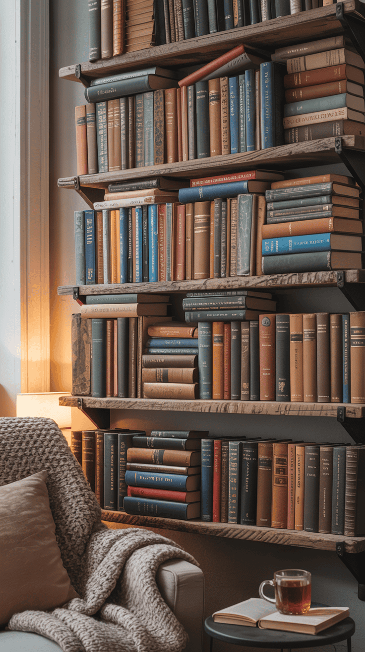 A wall-mounted bookshelf filled with various books in a cozy reading nook.