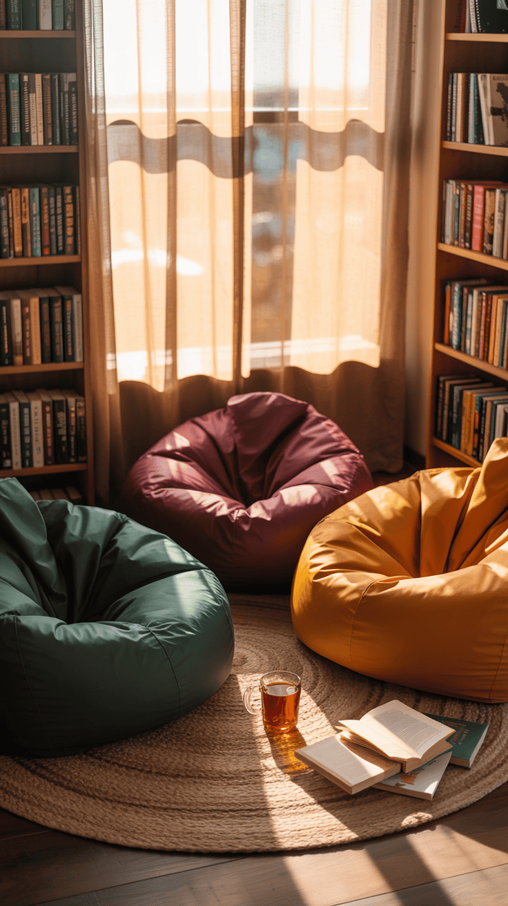 Colorful bean bags on a rug in a cozy reading nook