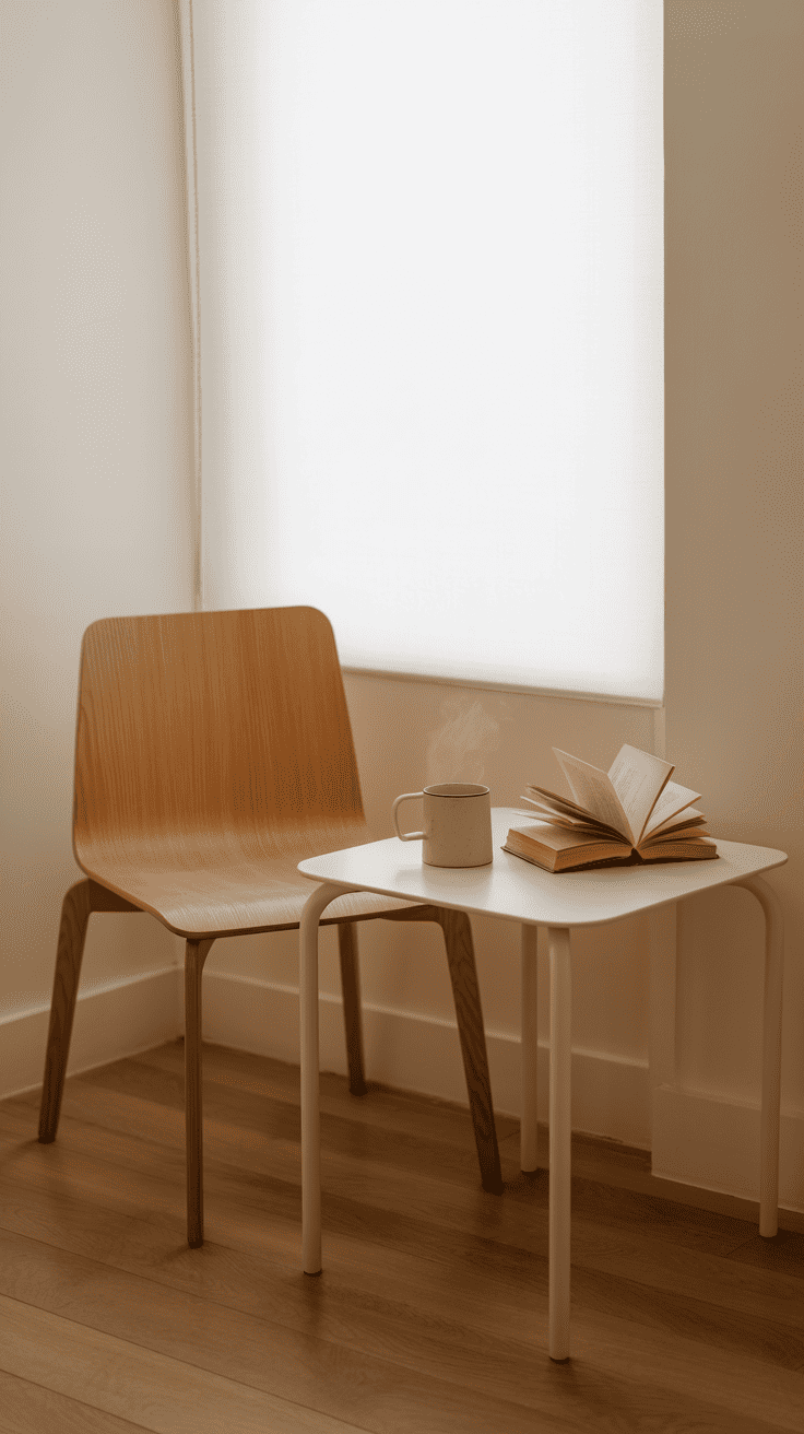 A minimalist reading nook featuring a simple chair, small table, and a book.
