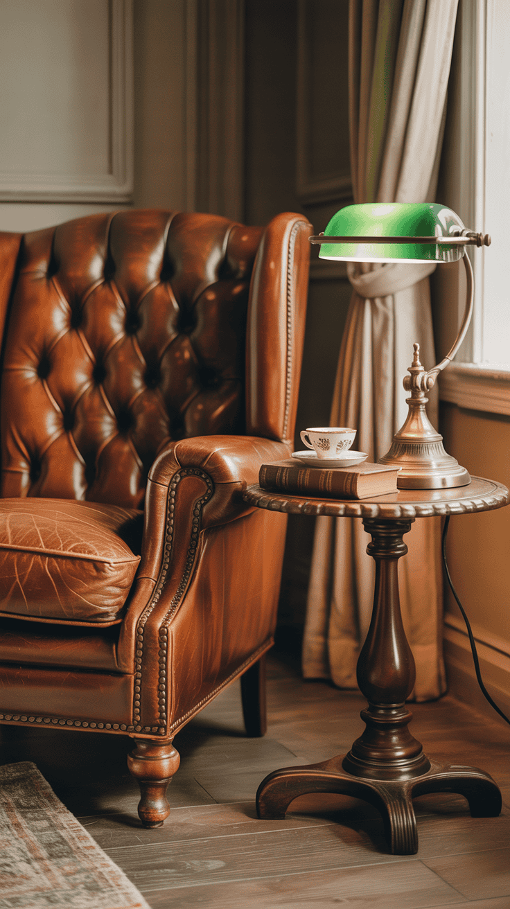 A vintage armchair in a corner with a side table and books.