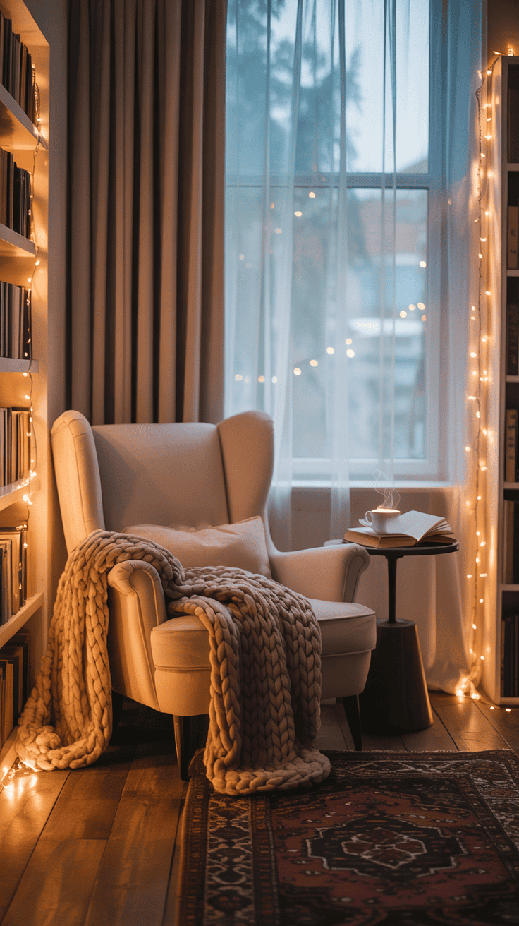 Cozy reading nook with fairy lights, a chair, and a blanket.