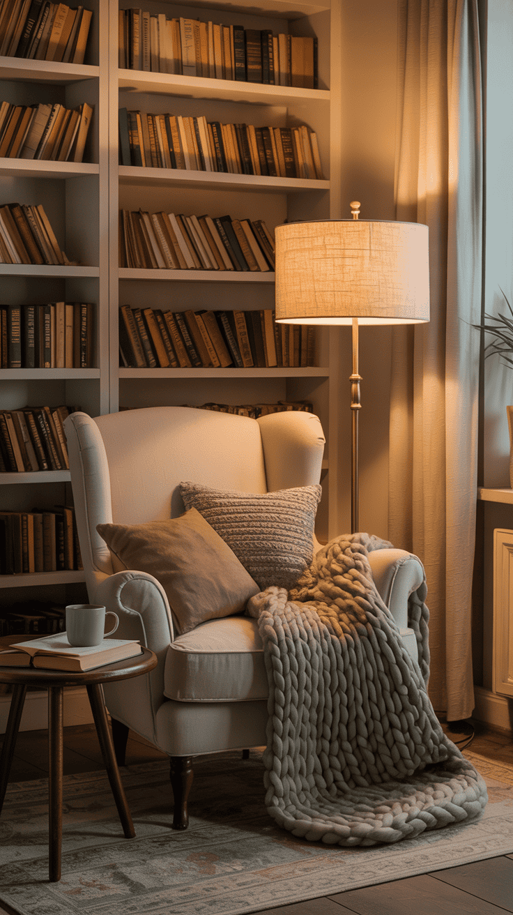 A cozy reading nook featuring a floor lamp and a comfortable chair.