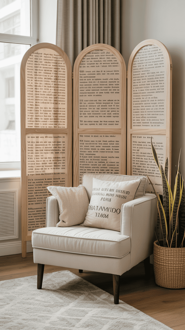 A cozy reading nook with a stylish room divider featuring printed text.
