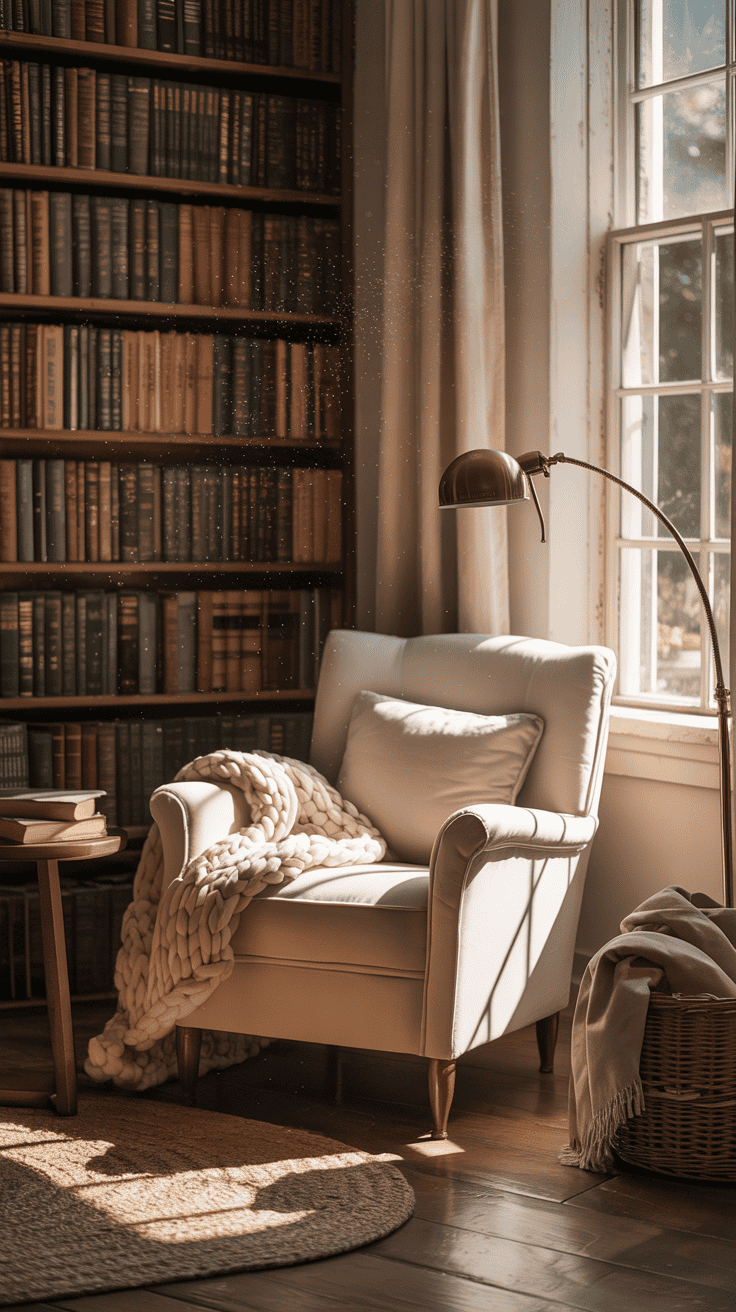 Cozy corner reading nook with a bookshelf and lounge chair
