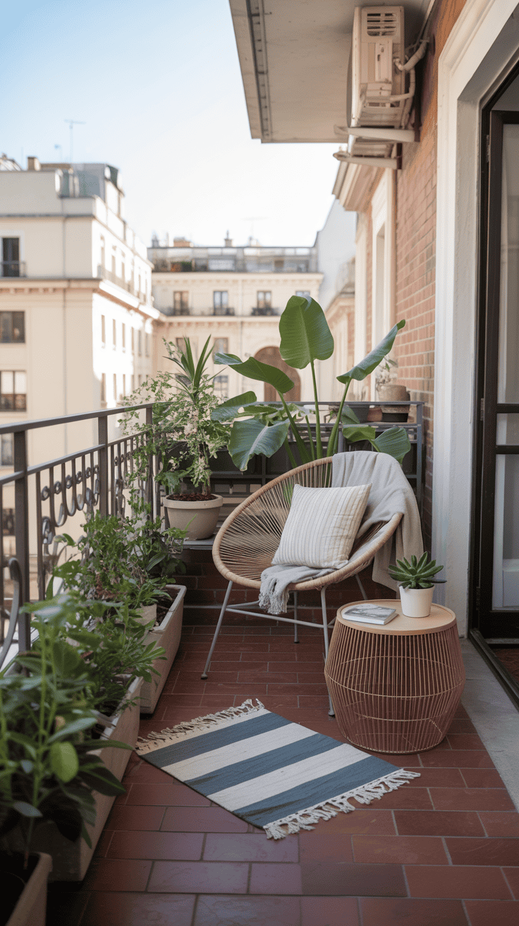 A cozy balcony reading nook with a chair, plants, and a small table.