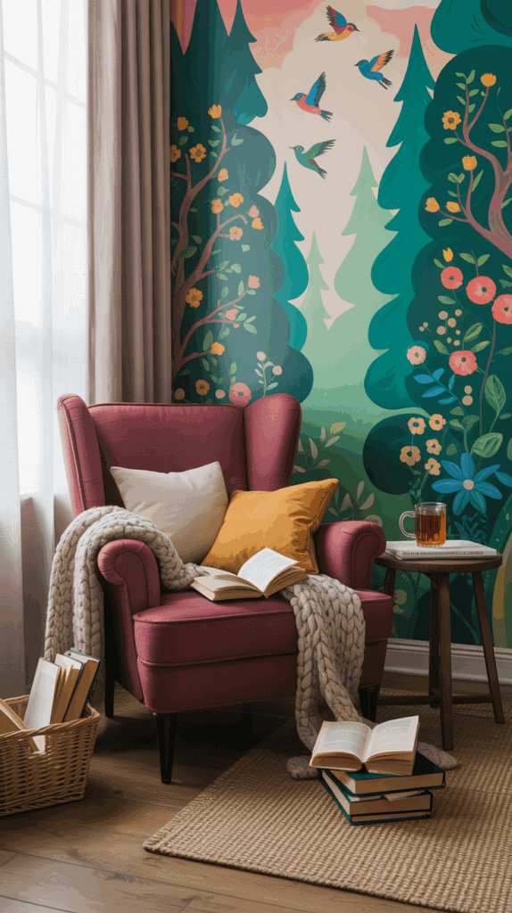 A cozy reading nook with a colorful wall mural and a comfortable chair.