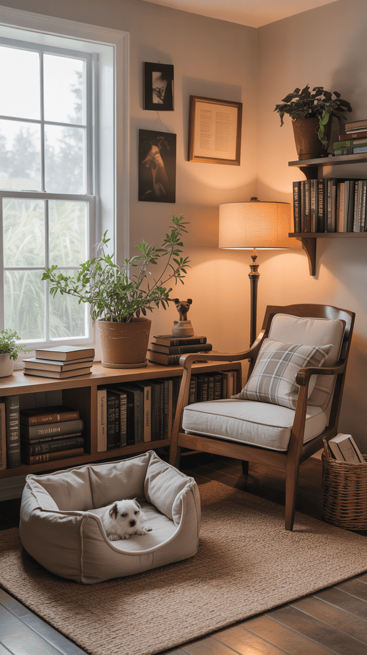 A cozy reading nook with a chair, pet bed, and books.