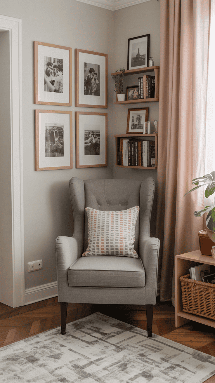 A cozy reading nook with a gray chair, colorful pillow, and a wall of framed photos.