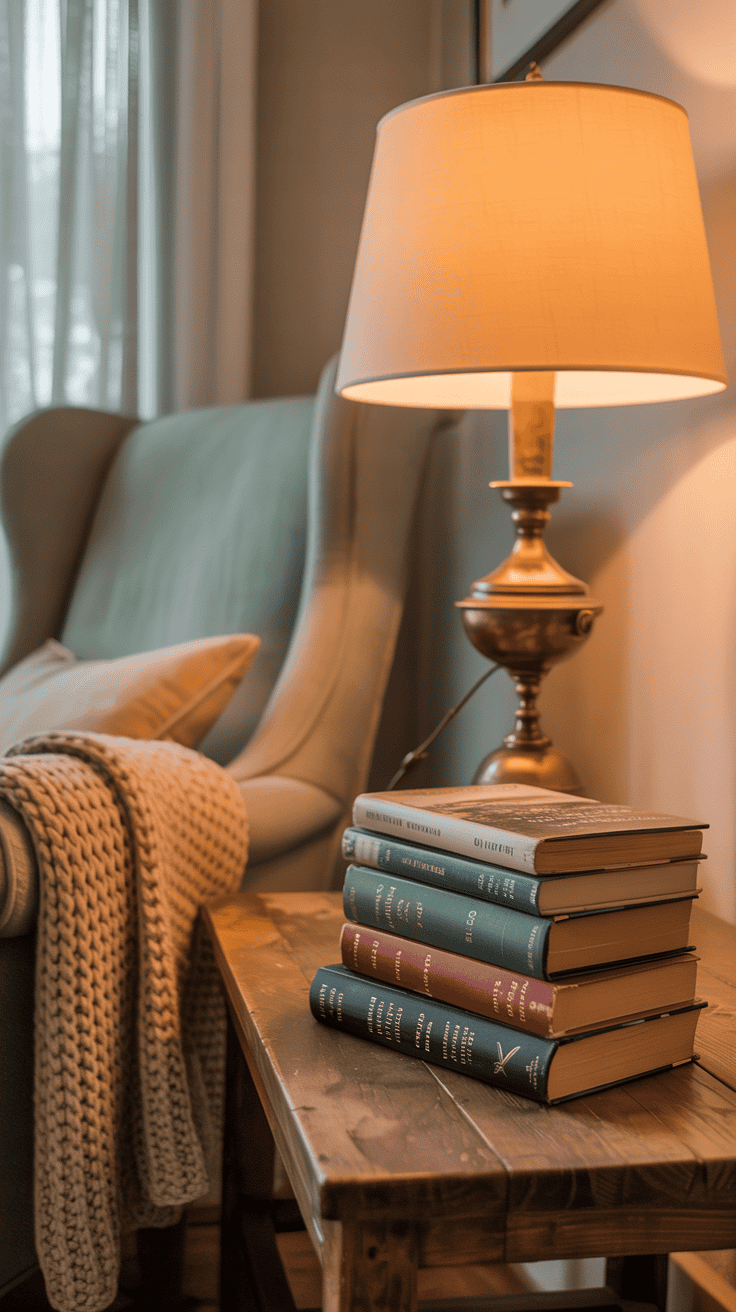 A cozy bedside table with books and a lamp next to a chair, creating a reading nook.