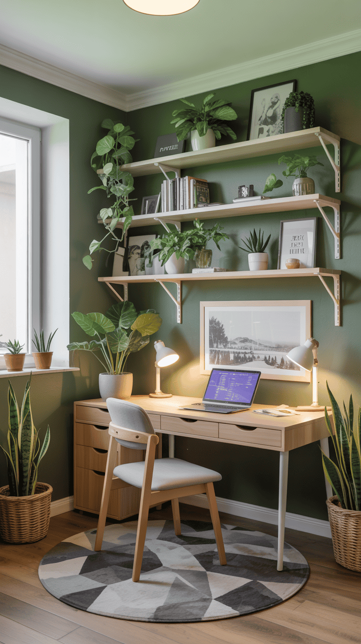 A cozy study corner filled with various indoor plants on shelves and a wooden desk.