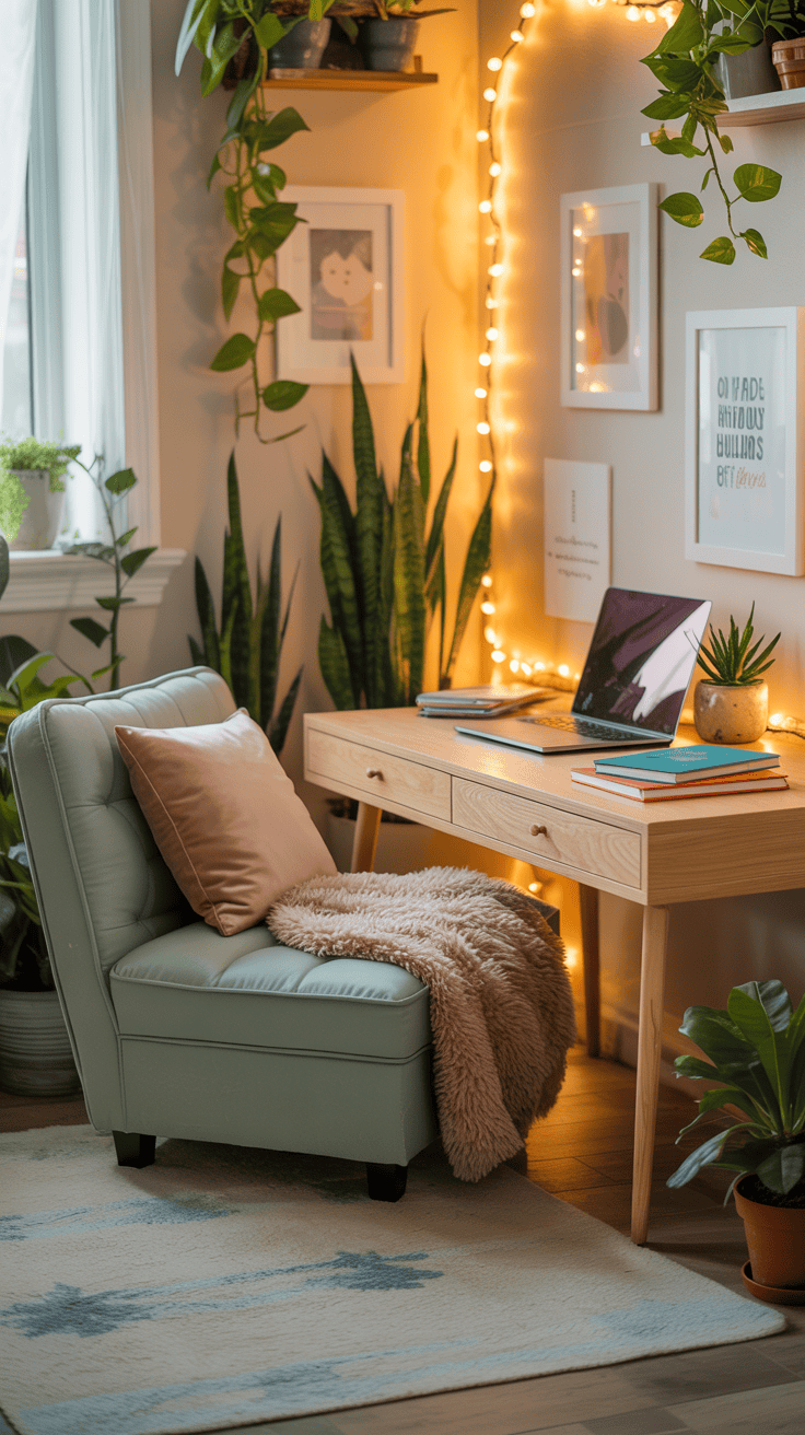 A cozy study corner for teens with comfortable seating, plants, and a desk.