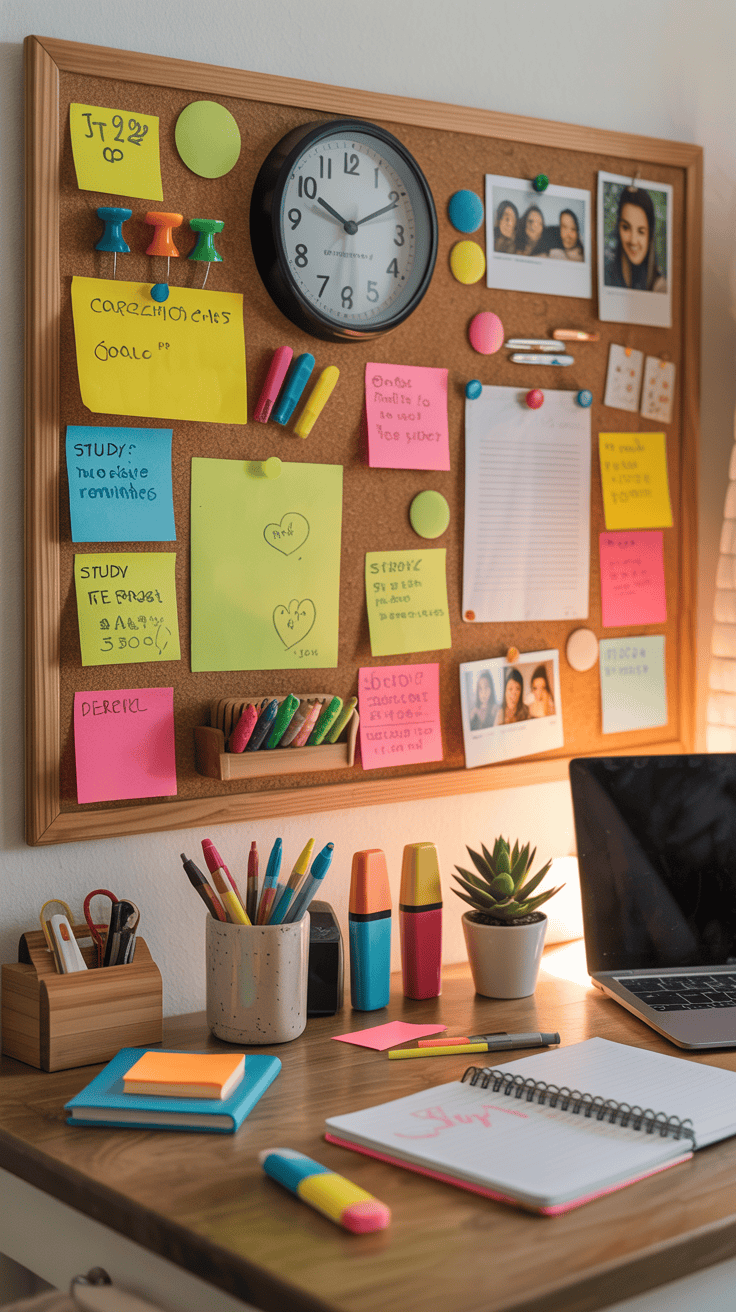 A corkboard filled with colorful sticky notes, a clock, and various stationery items on a study desk.