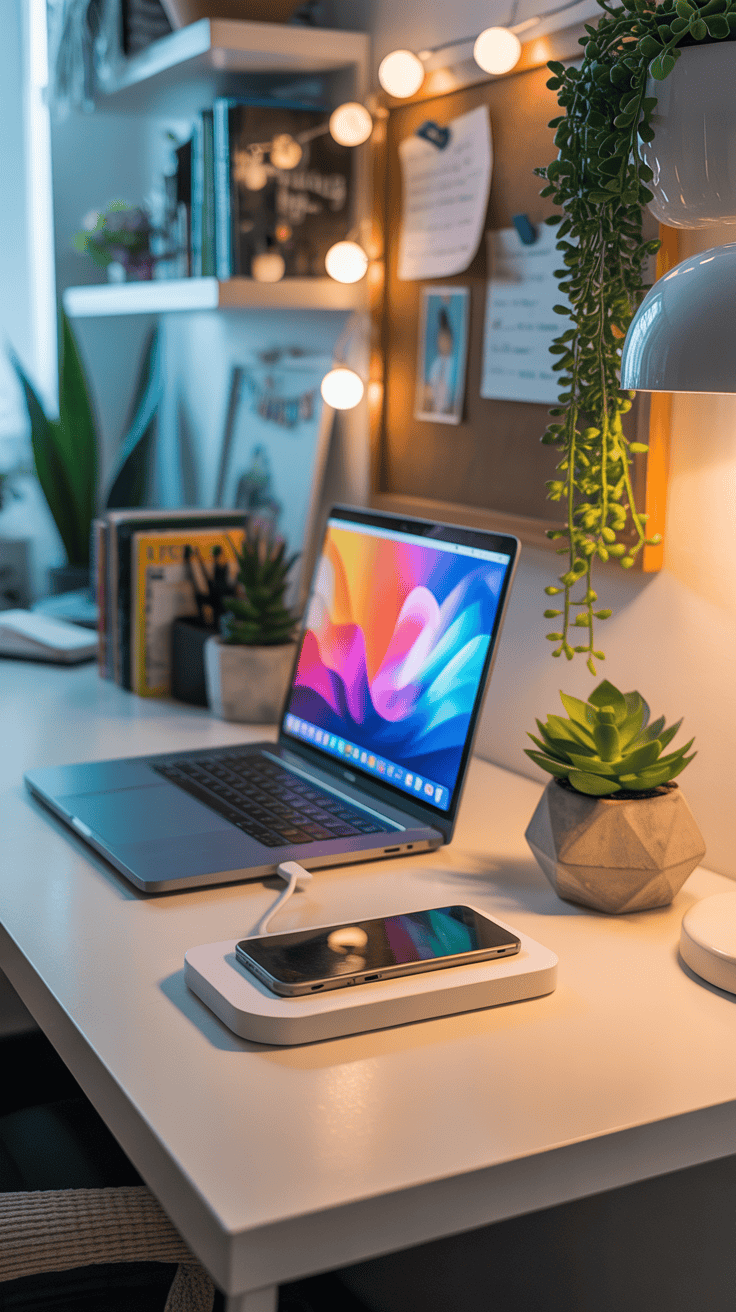 A modern desk setup featuring a laptop, charging station, and plants.