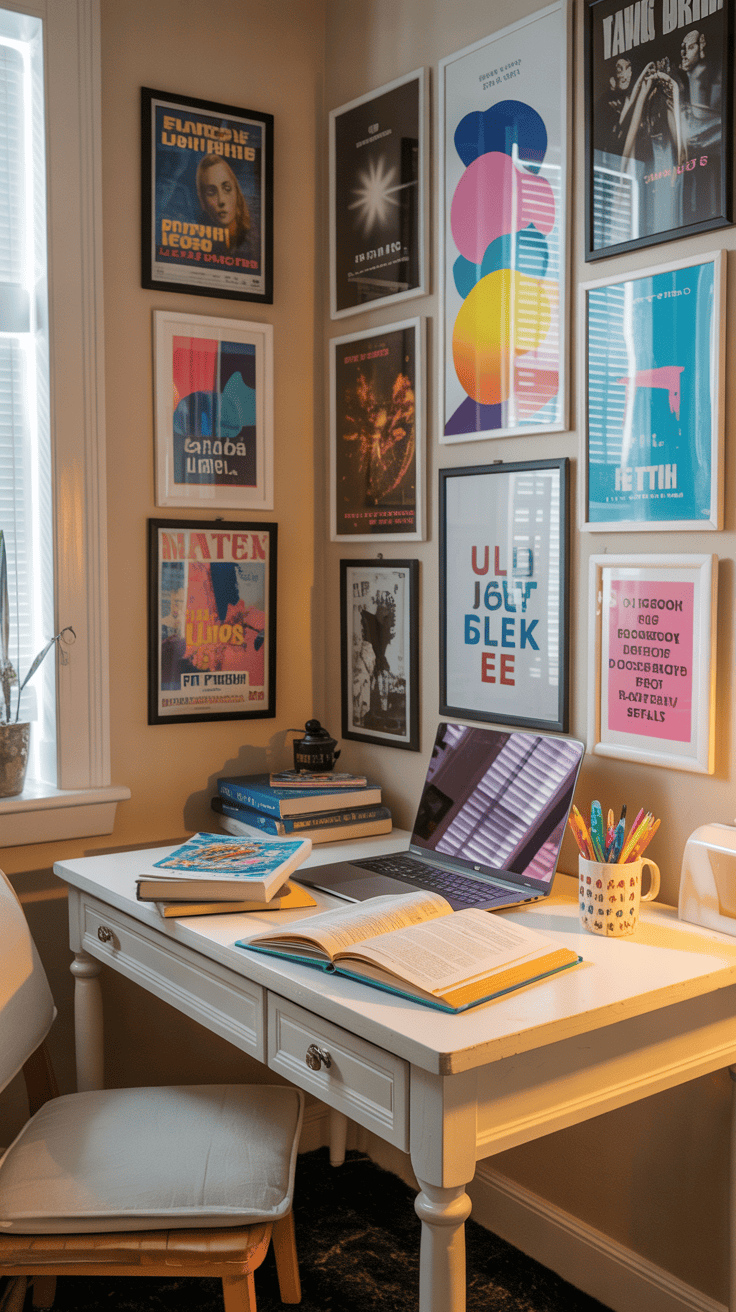 A cozy study corner with colorful wall art and a desk.