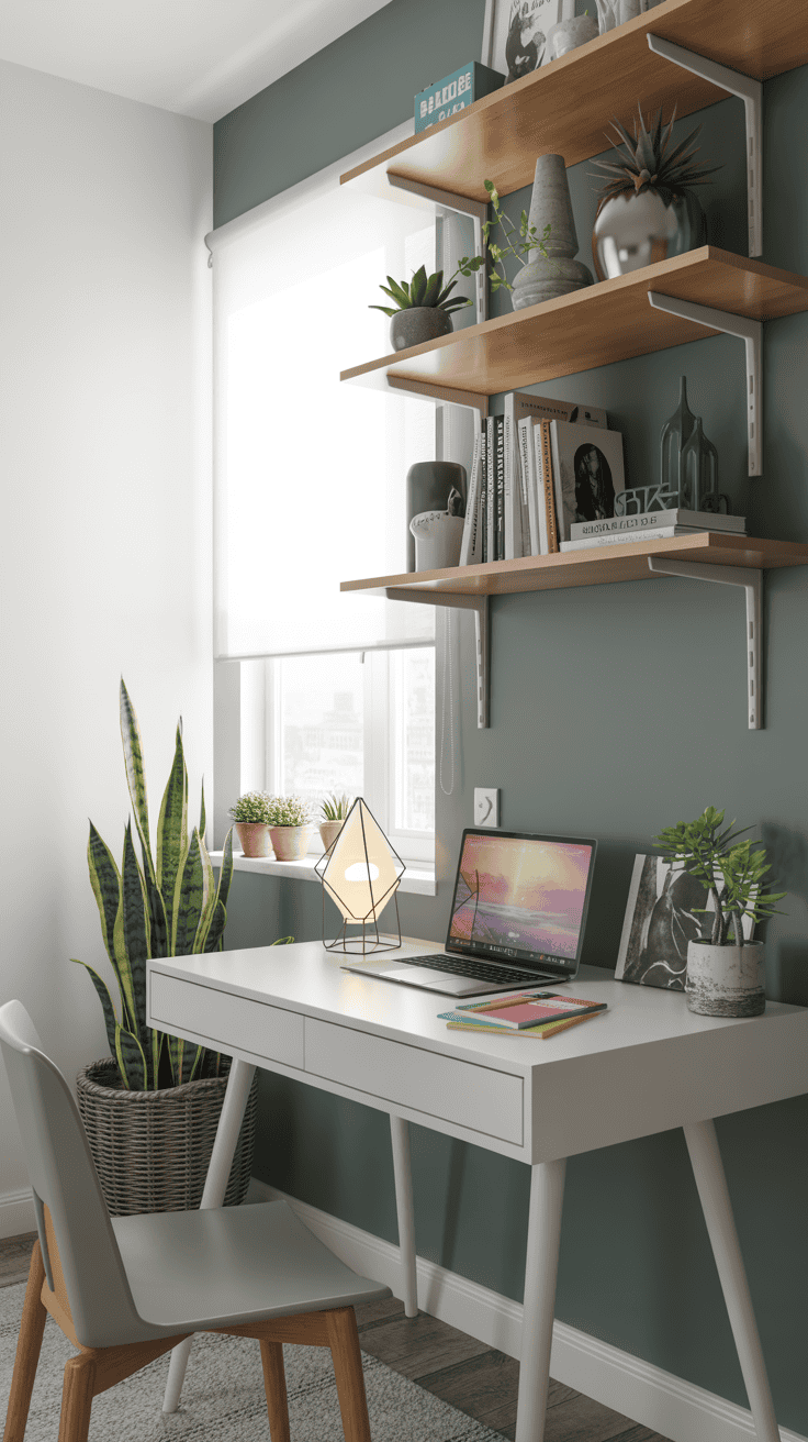 A stylish study corner with a desk, shelving, and plants.