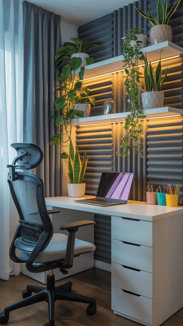 A cozy study corner with soundproofing features, including a desk, chair, and plants.