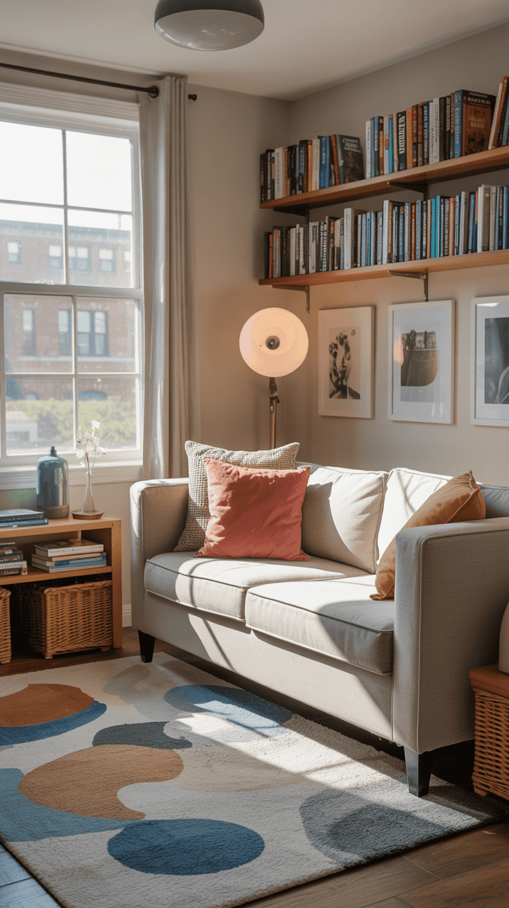 A cozy reading nook with natural light, featuring a comfortable couch, colorful pillows, and books.