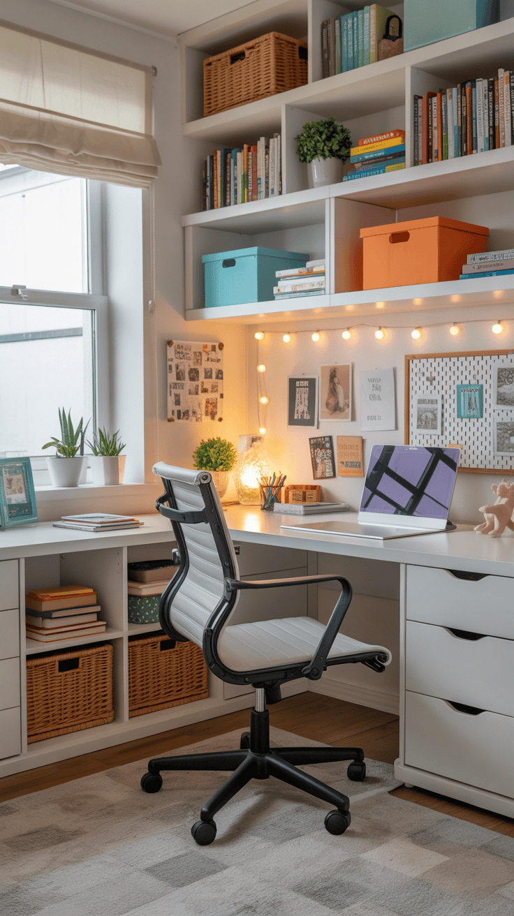 A well-organized study corner with shelves, baskets, and a desk, designed for easy access to supplies