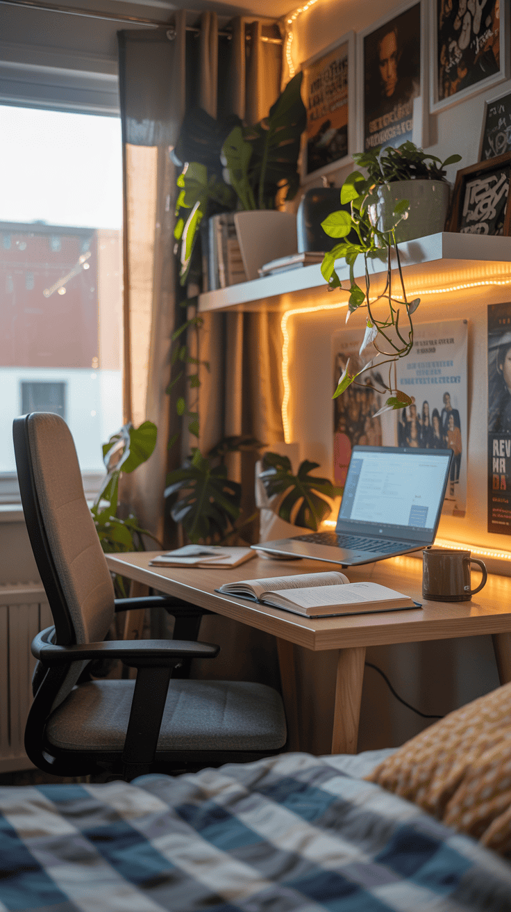 A cozy study corner with mood lighting, featuring a desk, plants, and a computer.