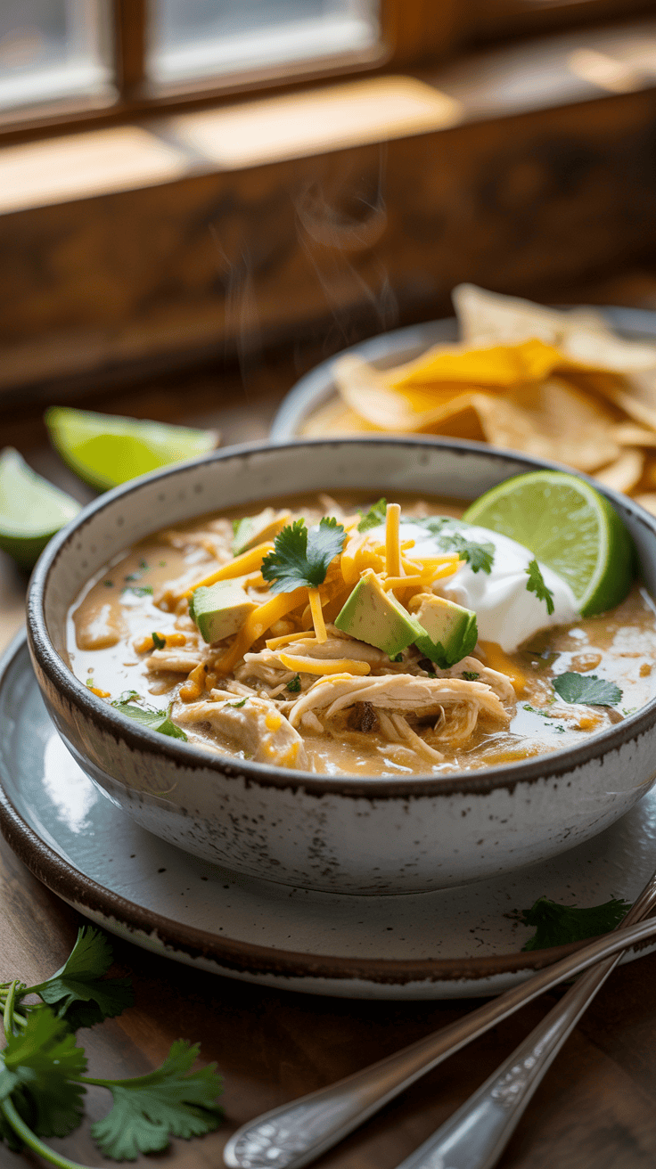 Creamy white chicken chili with tender chicken in a rich, comforting broth, perfect for chilly nights.