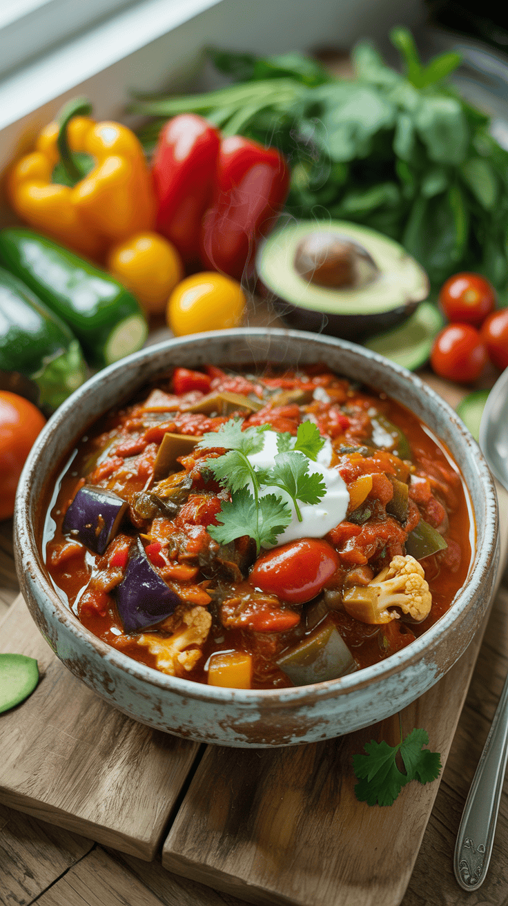 A bowl of colorful vegetarian keto chili surrounded by fresh vegetables.
