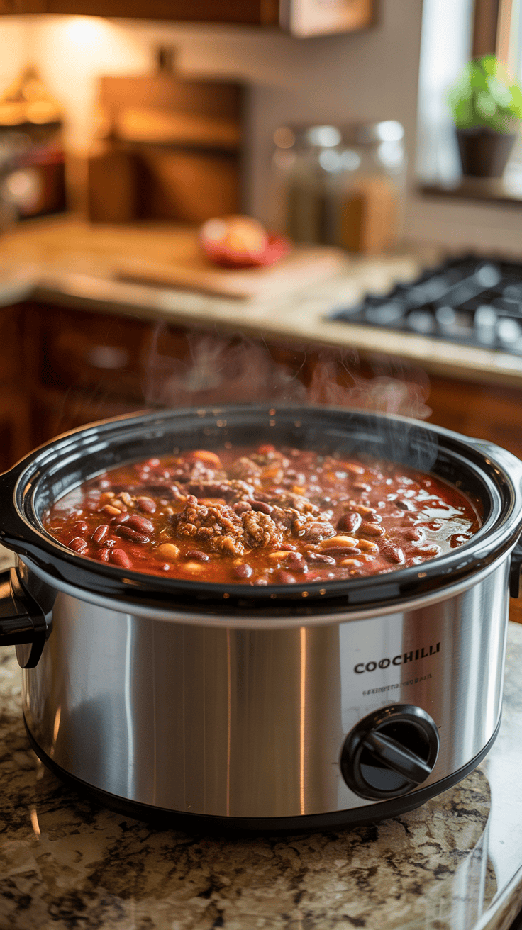 A slow cooker filled with steaming chili on a kitchen counter.