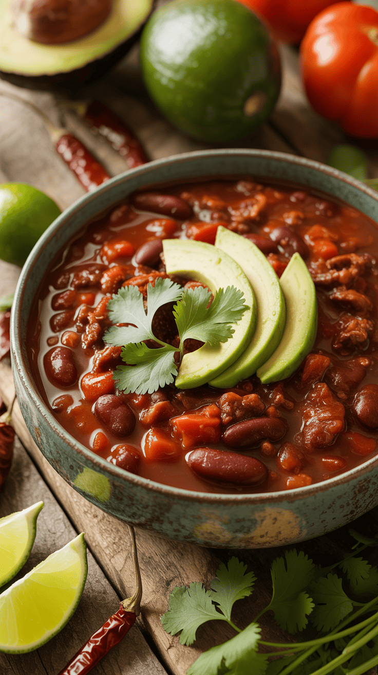 Bowl of Southwestern Beef Chili topped with avocado and cilantro, surrounded by fresh ingredients.
