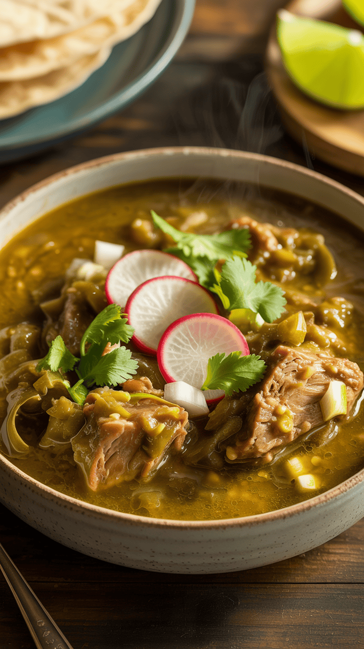 A bowl of chili verde with green ingredients like tomatillos, cilantro, and radishes.