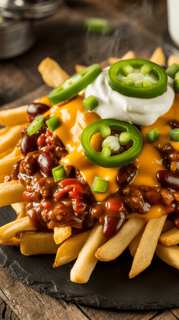 Keto chili cheese fries topped with spicy chili, melted cheese, and fresh jalapeños for a hearty, satisfying treat.