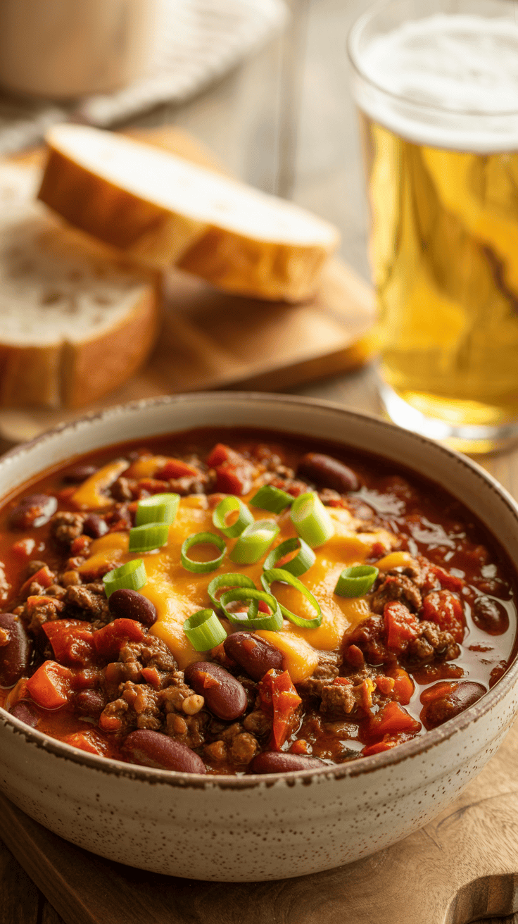 A bowl of keto-friendly chili topped with cheese and green onions, with slices of bread and a glass of beer in the background.
