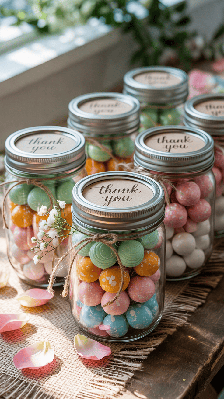 Personalized mason jar favors filled with candies, featuring custom labels.