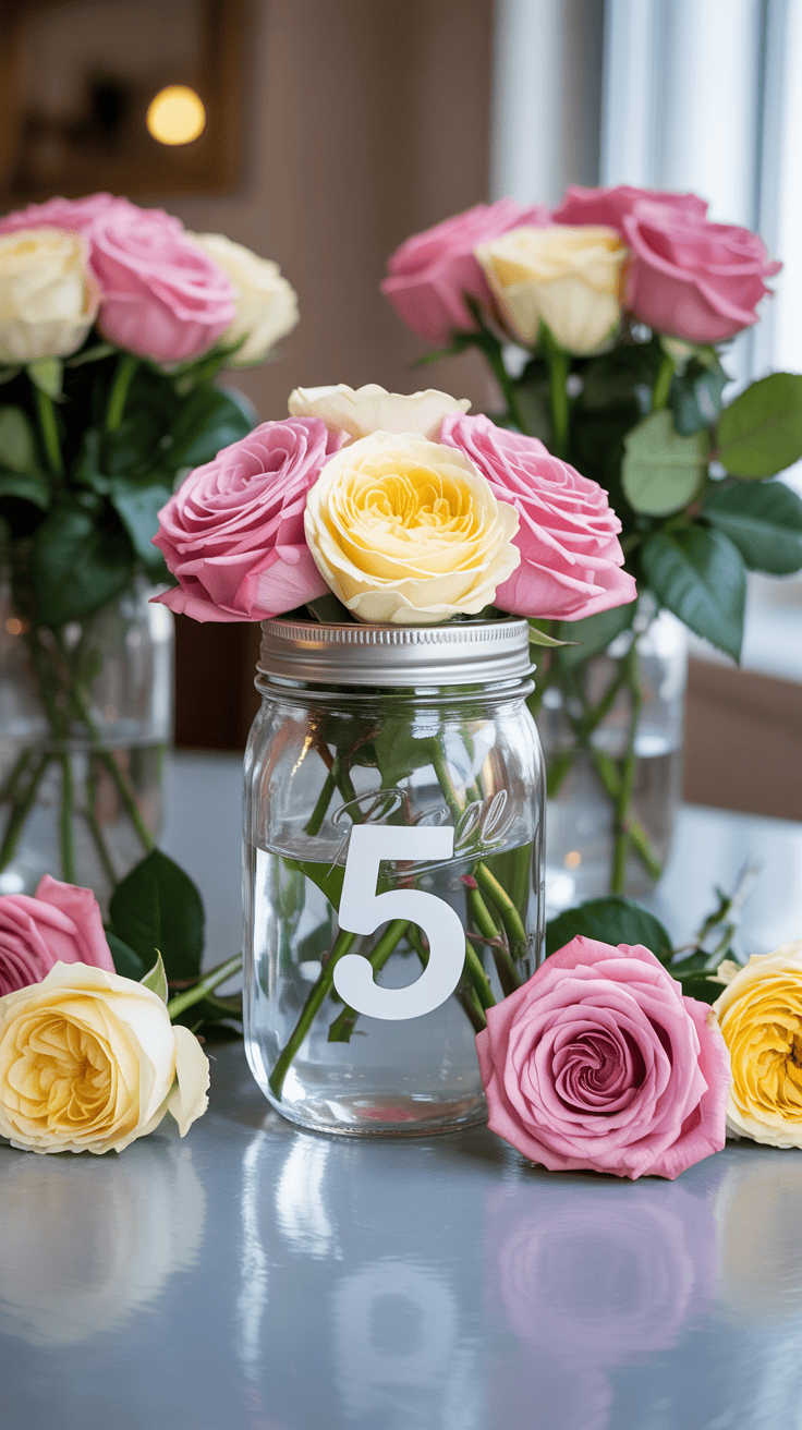 A mason jar with the number 5 on a table surrounded by pink and yellow roses.