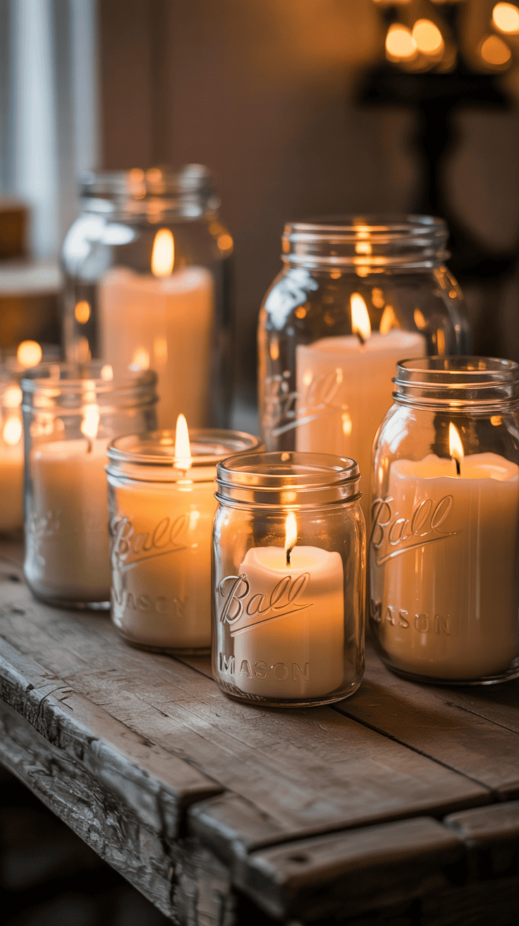 Mason jars with candles arranged on a table, creating a warm glow.