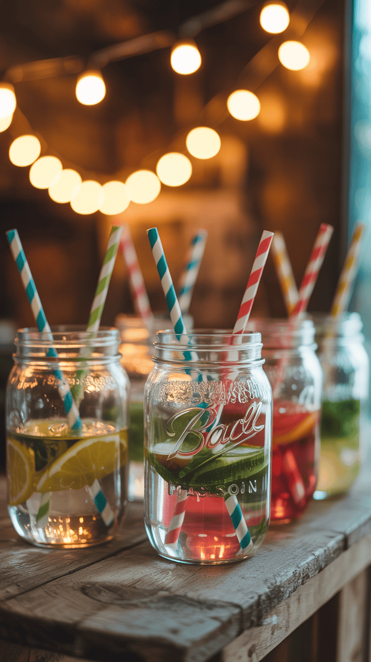 Mason jars with straws and lights in the background