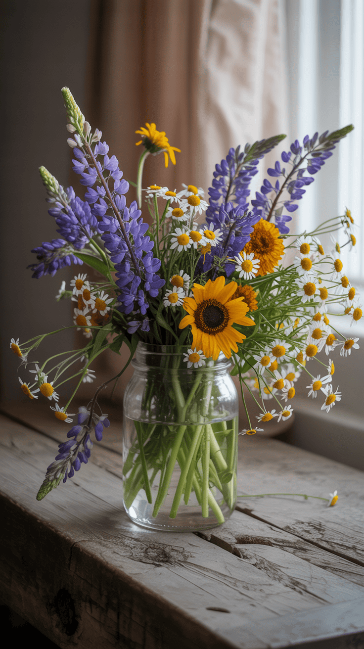 Mason jar filled with colorful wildflowers on a wooden table