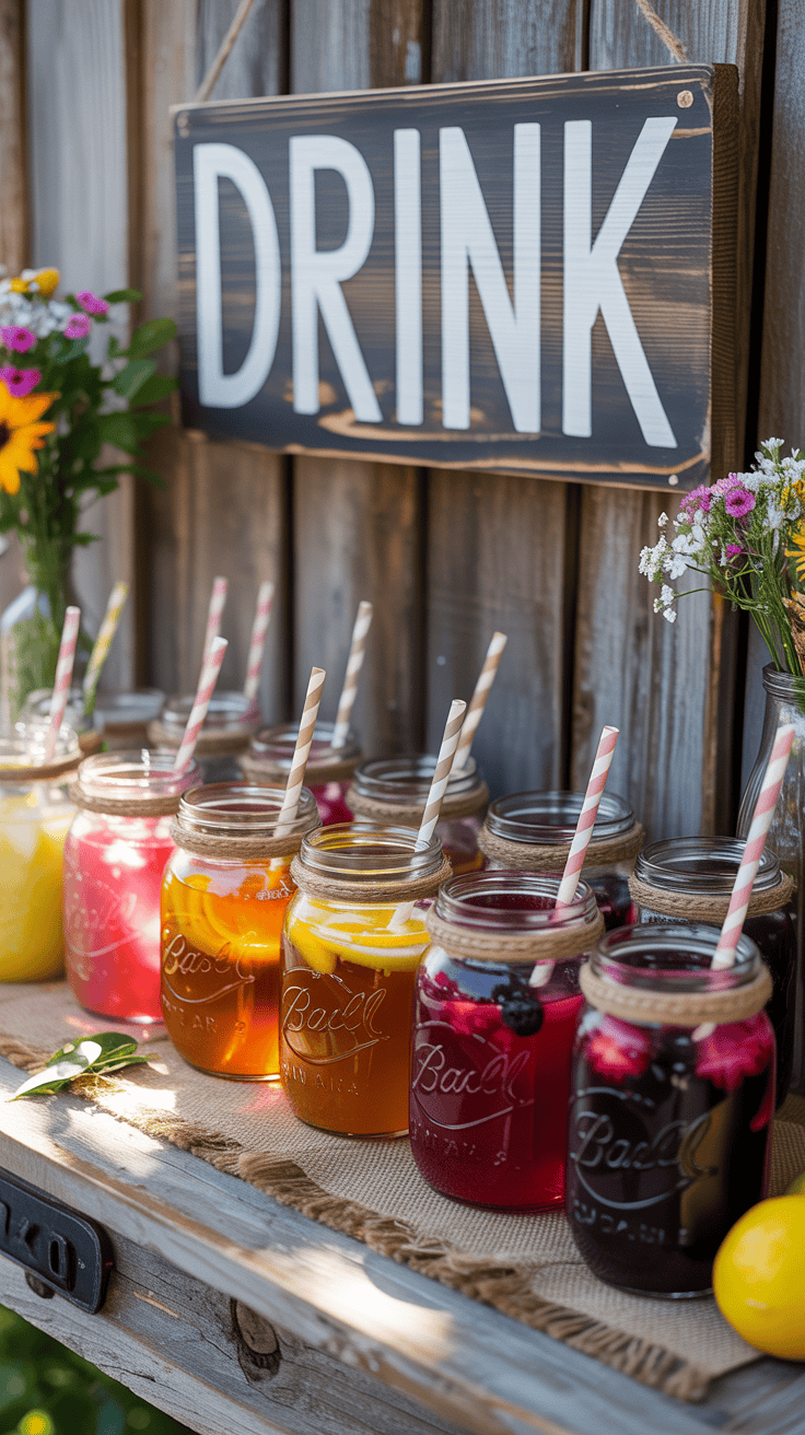 A rustic drink station featuring mason jars filled with colorful beverages and a sign that reads 'Drink'.