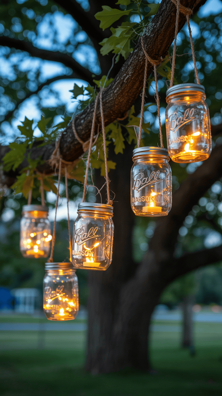 Hanging mason jar lanterns glowing in a tree