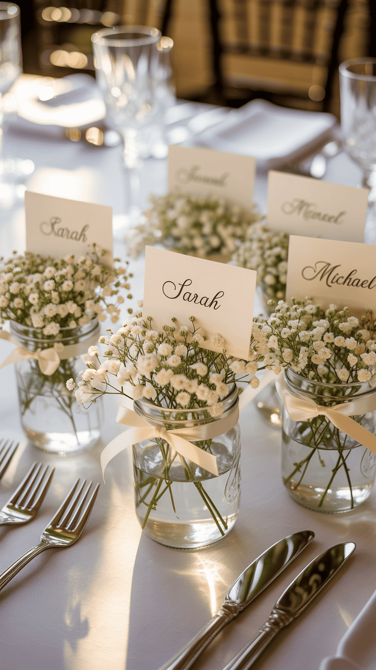 Mason jar place card holders with names on cards at a wedding table.