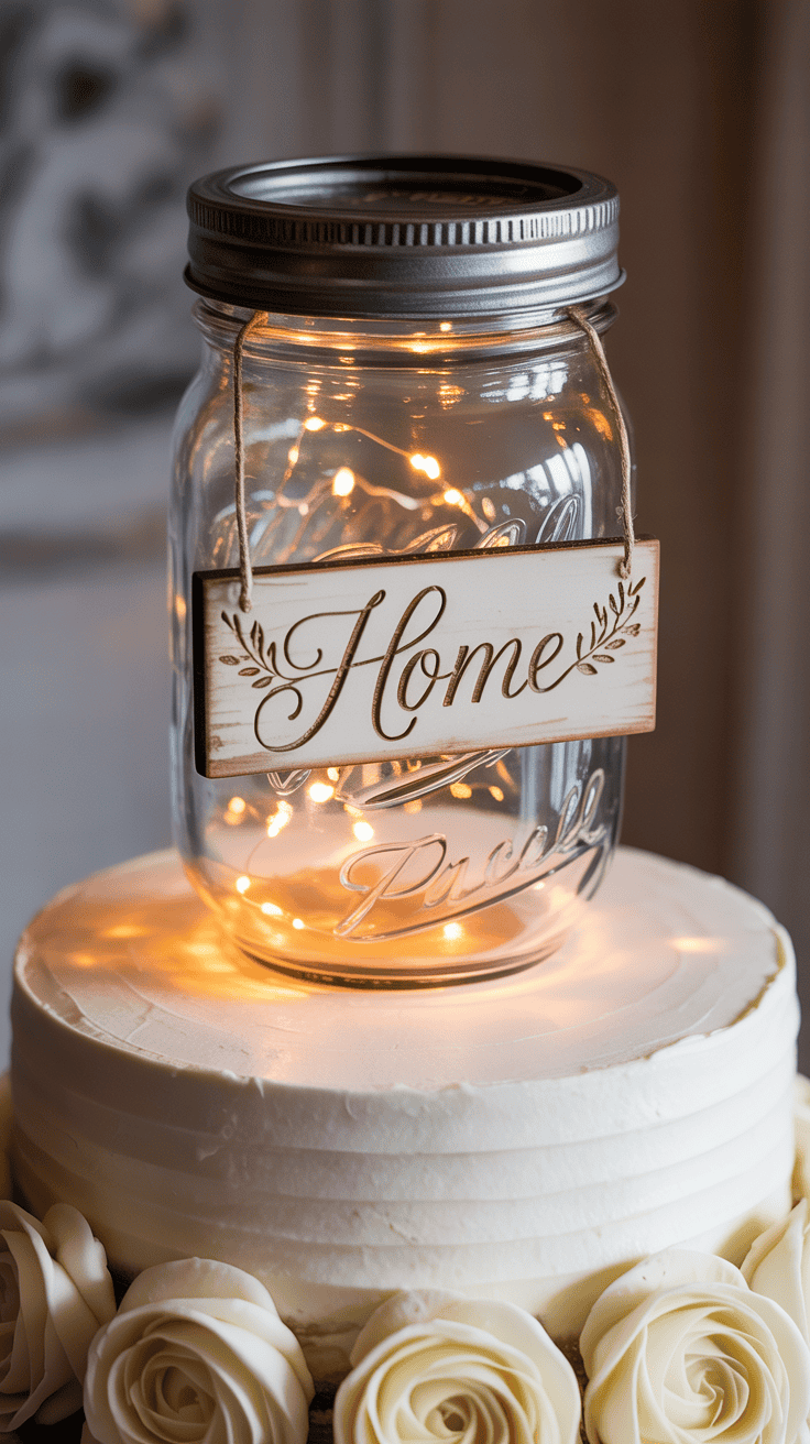 Mason jar wedding cake topper with the word 'home' on top